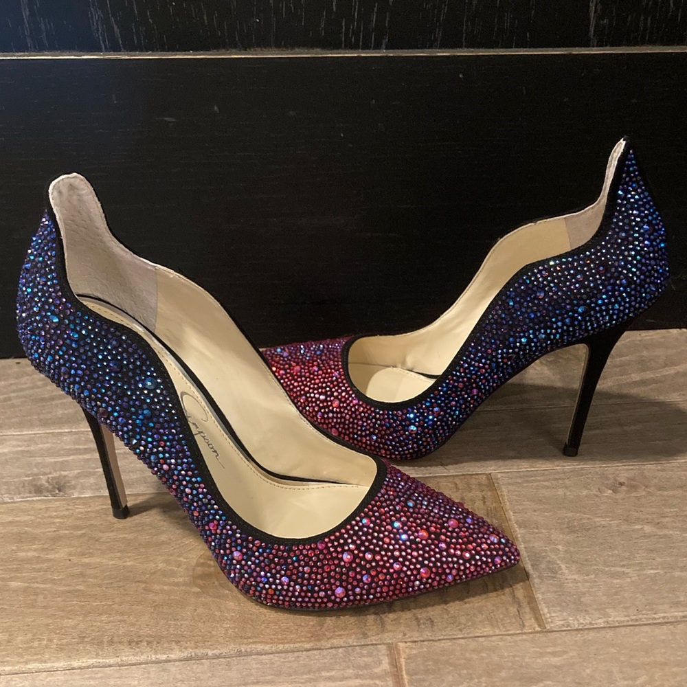 Embellished Pointed-Toe Stiletto Pumps in Blue-Pink Ombre